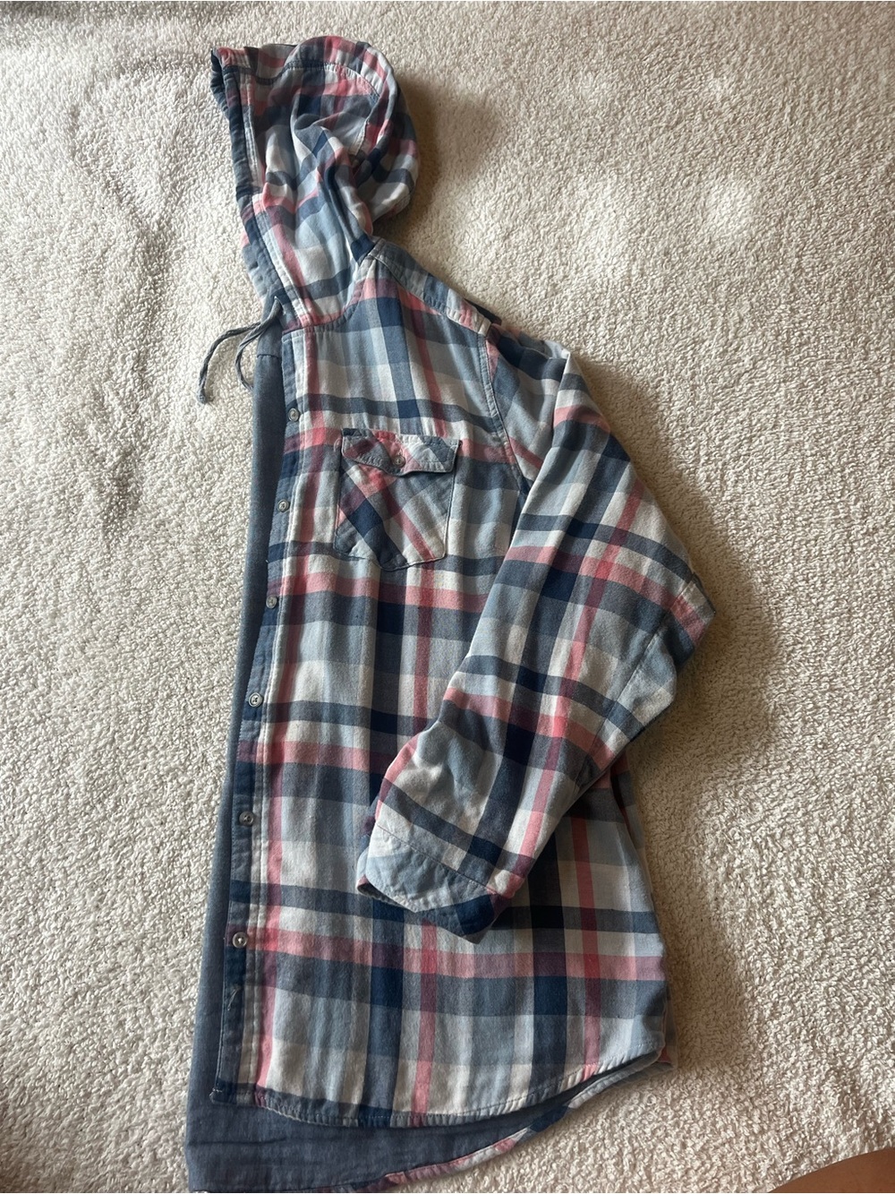 Boston Traders Hooded Plaid Button-Up Shirt in Blue & Pink